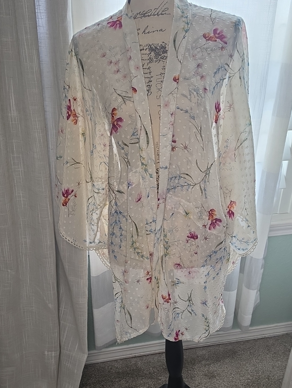 Lightweight Floral Sheer Kimono - White with Pink & Blue Flowers